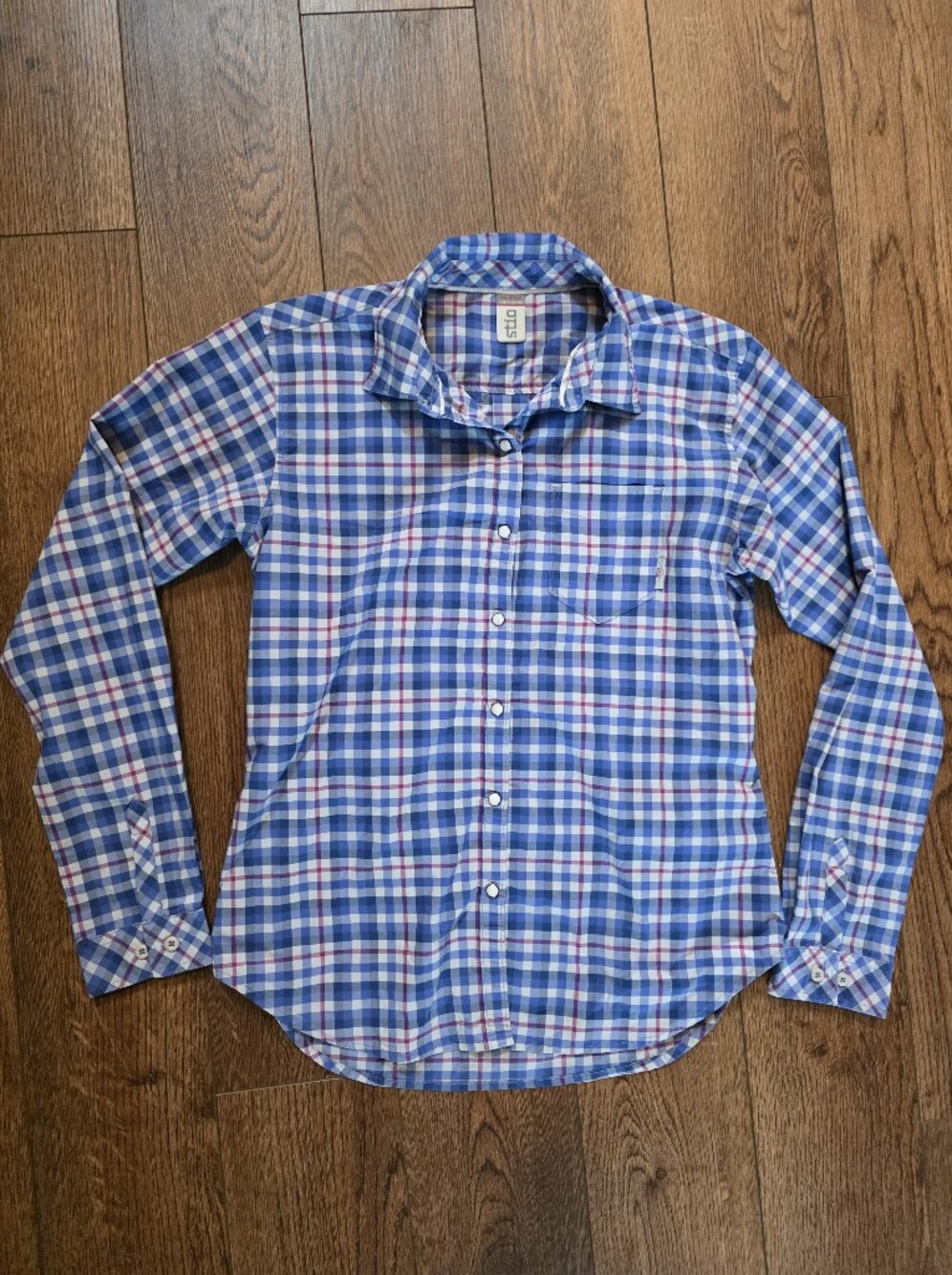 Stio Blue Plaid Button-Down Shirt with Pink Accents